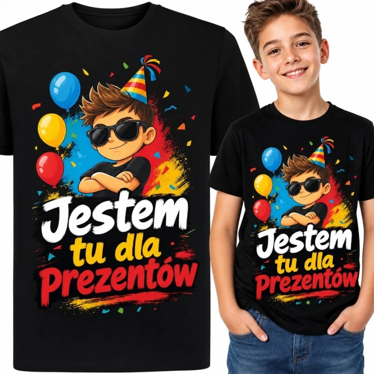Koszulka chłopięca na urodziny „Jestem tu dla prezentów” - kolorowy wzór imprezowy