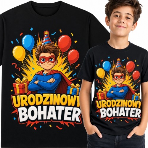 Koszulka chłopięca „Urodzinowy bohater” z balonami i prezentami