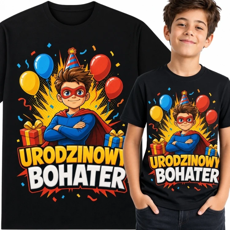 Koszulka chłopięca „Urodzinowy bohater” z balonami i prezentami