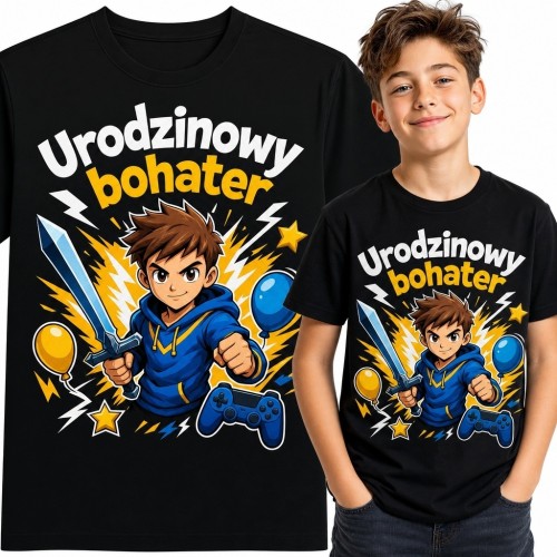 Koszulka chłopięca na urodziny z graczem i napisem „Urodzinowy bohater”