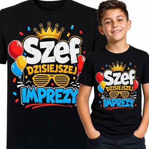 Koszulka chłopięca „Szef dzisiejszej imprezy” z koroną i balonami