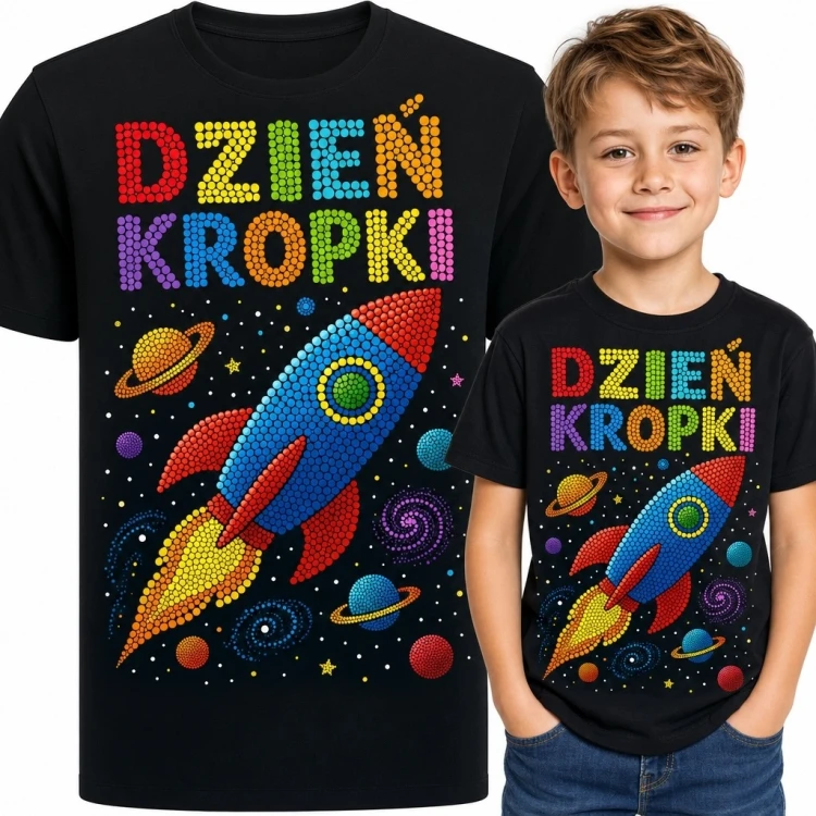 Koszulka chłopięca „Dzień Kropki” z kosmiczną rakietą