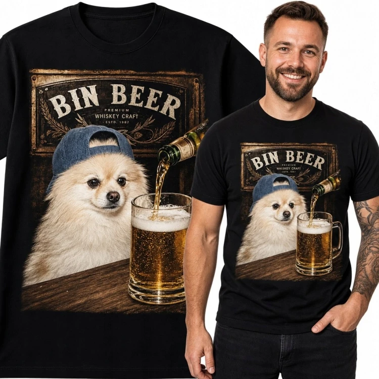 Koszulka męska z psem, piwem i napisem „Bin Beer”