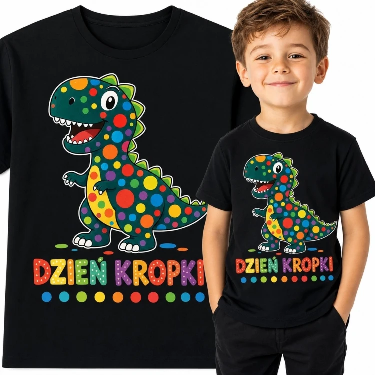 Koszulka chłopięca na Dzień Kropki z kolorowym dinozaurem „Dzień Kropki” - czarna