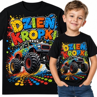 Koszulka chłopięca na Dzień Kropki - kolorowy monster truck i napis „Dzień Kropki”