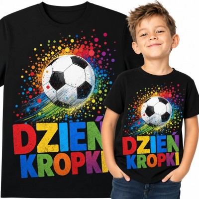 Czarna koszulka chłopięca „Dzień Kropki” z piłką nożną i smugami farby