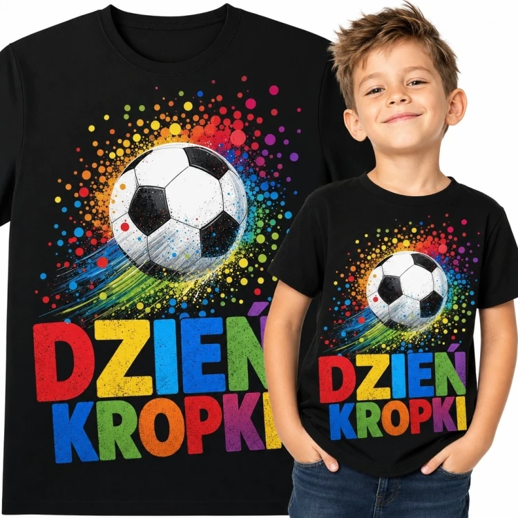 Czarna koszulka chłopięca „Dzień Kropki” z piłką nożną i smugami farby