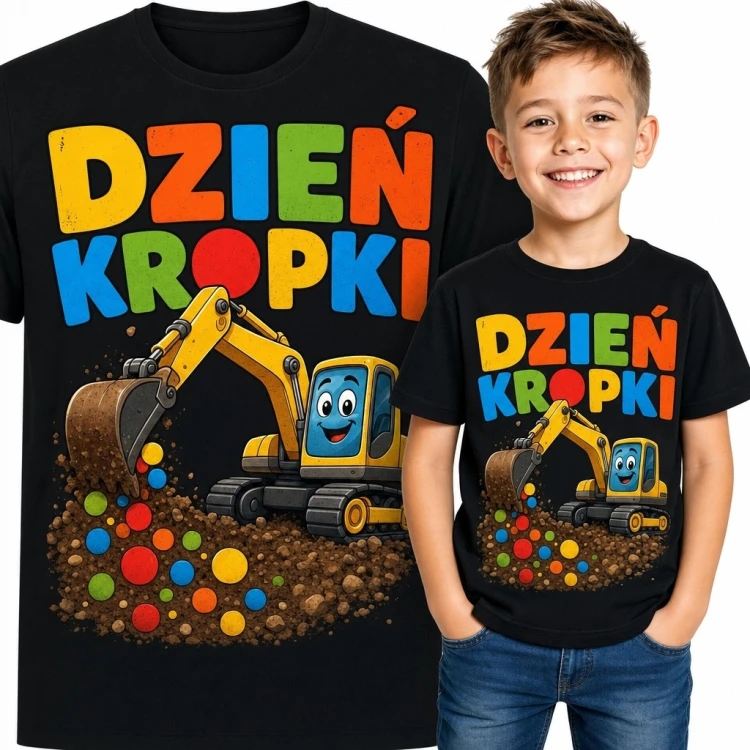 Koszulka chłopięca „Dzień Kropki” z uśmiechniętą koparką