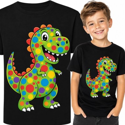 Koszulka chłopięca z zielonym dinozaurem w kolorowe grochy