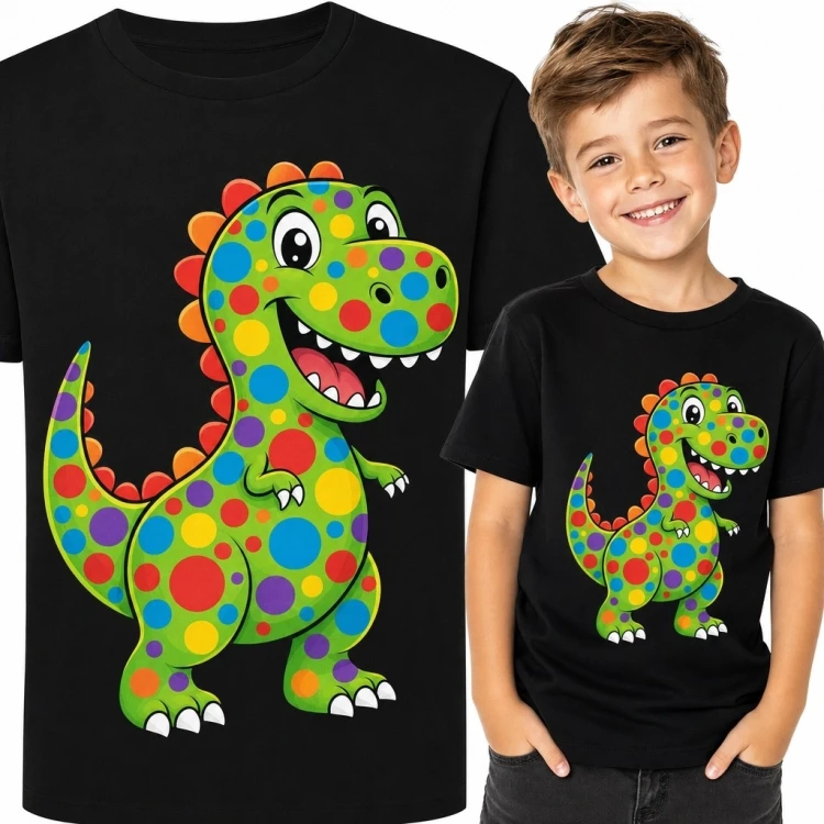 Koszulka chłopięca z zielonym dinozaurem w kolorowe grochy