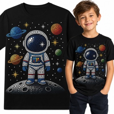 Koszulka chłopięca z astronautą na Księżycu - kolorowy motyw kosmosu