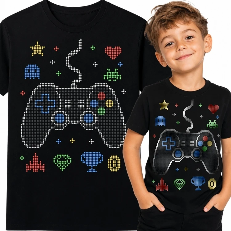 Koszulka chłopięca z kontrolerem do gier - pikselowy motyw retro arcade