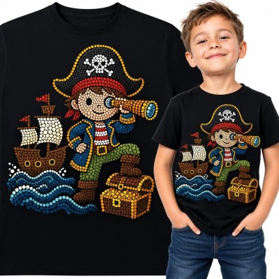 Koszulka chłopięca z piratem, żaglowcem i skrzynią skarbów - morska przygoda