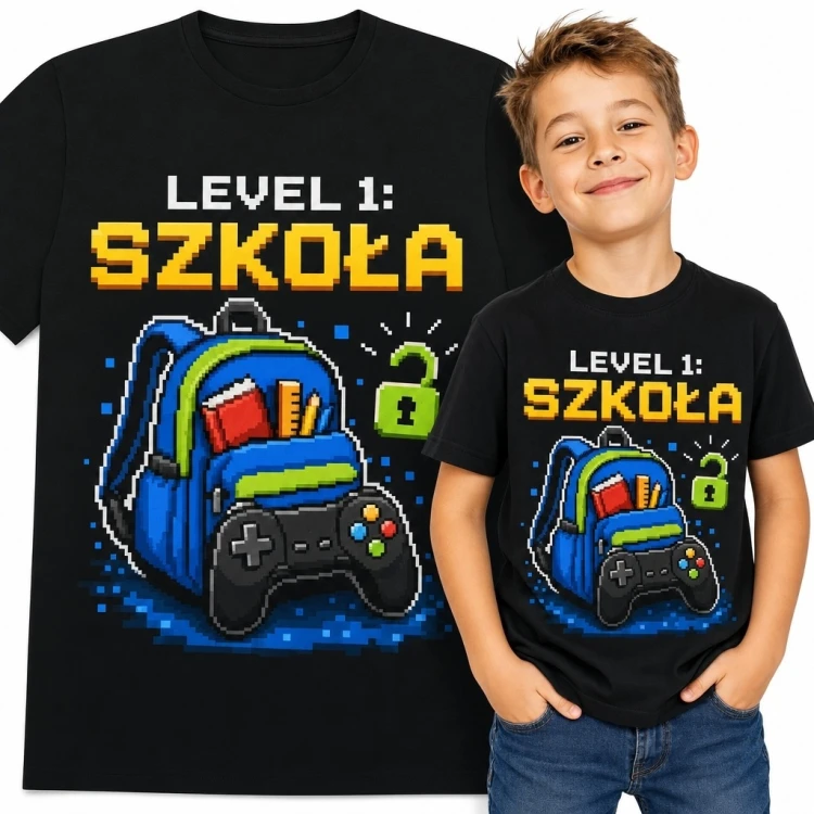 Koszulka chłopięca dla gracza z pikselowym plecakiem „Level 1: Szkoła”