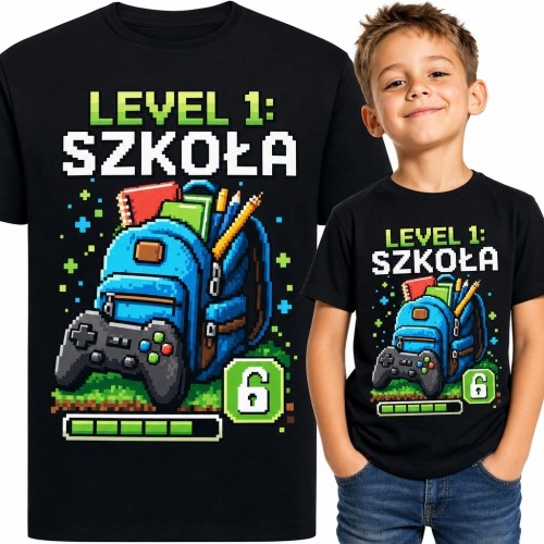 Koszulka chłopięca „Level 1: Szkoła” - plecak i kontroler w stylu pixel art