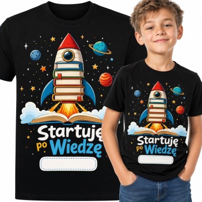 Koszulka chłopięca z rakietą z książek „Startuję po wiedzę” - motyw kosmosu i nauki
