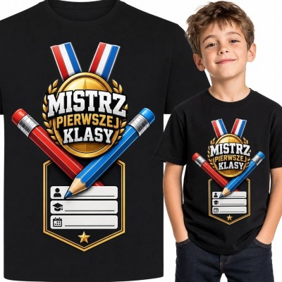 Koszulka chłopięca „Mistrz pierwszej klasy” - złoty medal z laurem i szkolne ikony