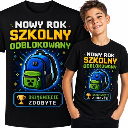 Koszulka chłopięca z pikselowym plecakiem „Nowy rok szkolny odblokowany” - wzór do szkoły