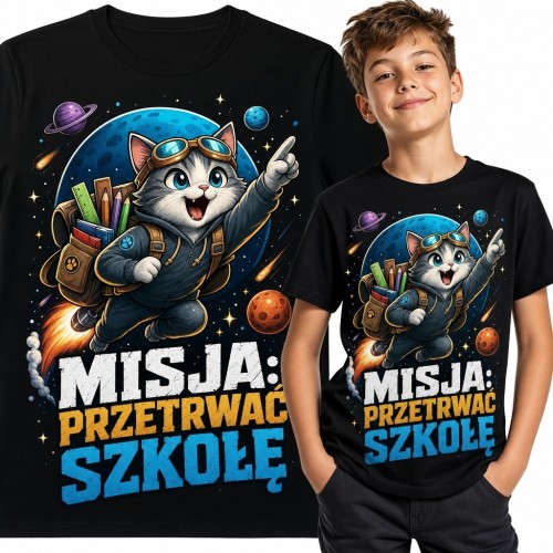 Koszulka chłopięca z kosmicznym kotem i napisem „Misja: przetrwać szkołę!” - szkolny humor