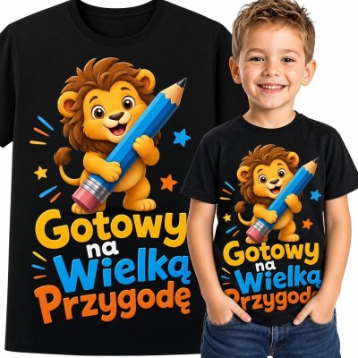 Koszulka chłopięca z lwem i kredką „Gotowy na wielką przygodę” - do szkoły