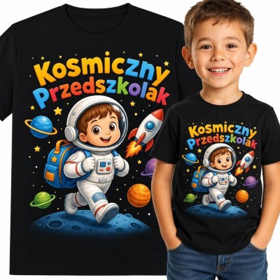 Koszulka chłopięca „Kosmiczny Przedszkolak” - astronauta, rakieta i planety