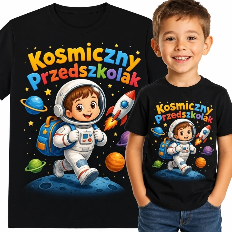 Koszulka chłopięca „Kosmiczny Przedszkolak” - astronauta, rakieta i planety