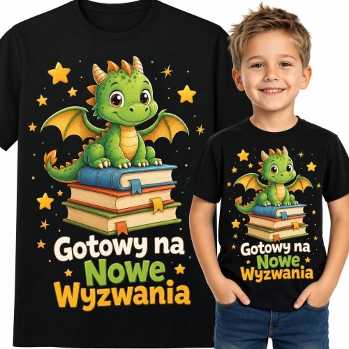Koszulka chłopięca ze smokiem na książkach „Gotowy na nowe wyzwania” - do szkoły