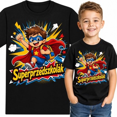 Koszulka chłopięca z superbohaterem „Superprzedszkolak” - komiksowy wzór