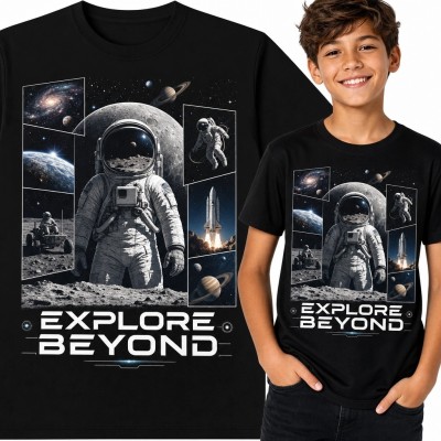 Koszulka chłopięca z astronautą „Explore Beyond” - kosmiczny kolaż