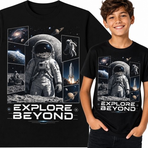 Koszulka chłopięca z astronautą „Explore Beyond” - kosmiczny kolaż