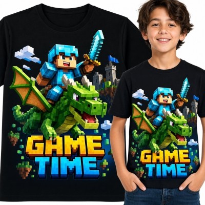 Koszulka chłopięca z pikselowym wojownikiem na smoku „Game Time” - gaming fantasy