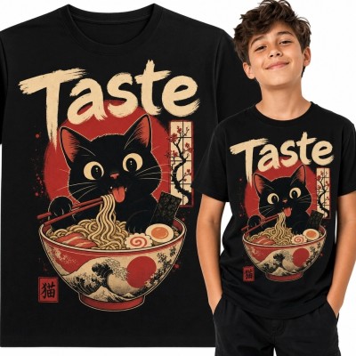 Koszulka chłopięca z kotem jedzącym ramen i napisem „Taste” - japoński wzór retro