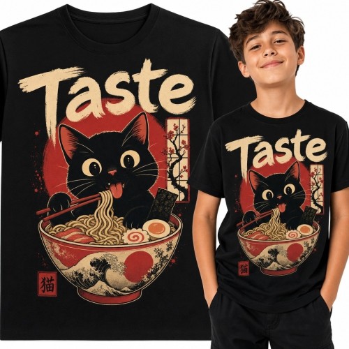 Koszulka chłopięca z kotem jedzącym ramen i napisem „Taste” - japoński wzór retro
