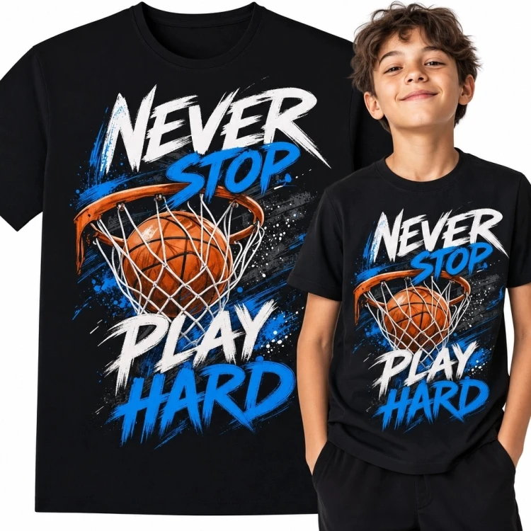 Koszulka chłopięca z motywem koszykówki „Never Stop. Play Hard” - sportowy nadruk