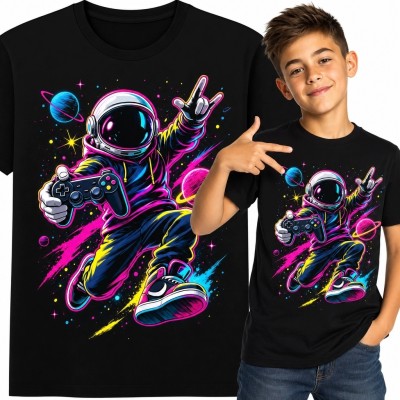 Koszulka chłopięca z neonowym astronautą-graczem - gaming i kosmos