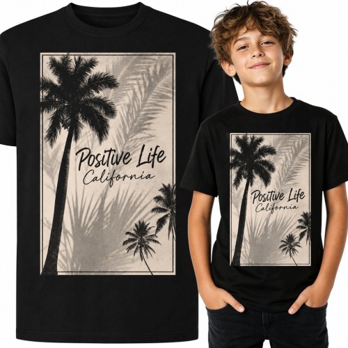 Koszulka chłopięca z palmami „Positive Life” i napisem „California” - styl retro