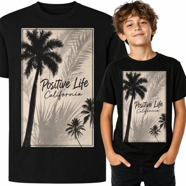 Koszulka chłopięca z palmami „Positive Life” i napisem „California” - styl retro