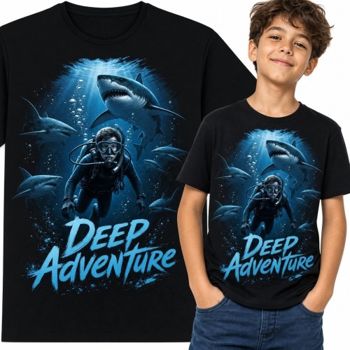 Koszulka chłopięca z nurkiem i rekinami „Deep Adventure” - podwodna przygoda