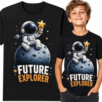 Koszulka chłopięca z astronautą „Future Explorer” - kosmiczny motyw