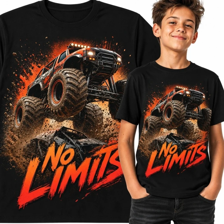 Koszulka chłopięca z monster truckiem „No Limits” - motyw off-road
