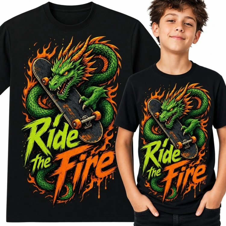 Koszulka chłopięca ze smokiem na deskorolce „Ride the Fire” - ognisty wzór