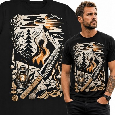 Koszulka męska bushcraft z górskim biwakiem - nóż, latarnia i ognisko