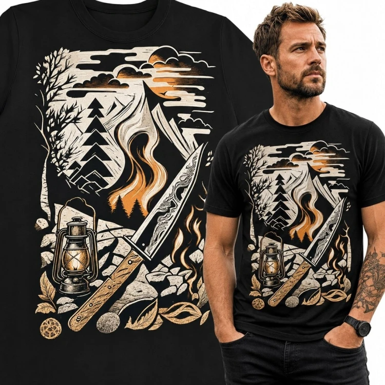 Koszulka męska bushcraft z górskim biwakiem - nóż, latarnia i ognisko