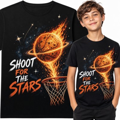 Koszulka chłopięca z koszykówką „Shoot for the Stars” - płonąca piłka-planeta