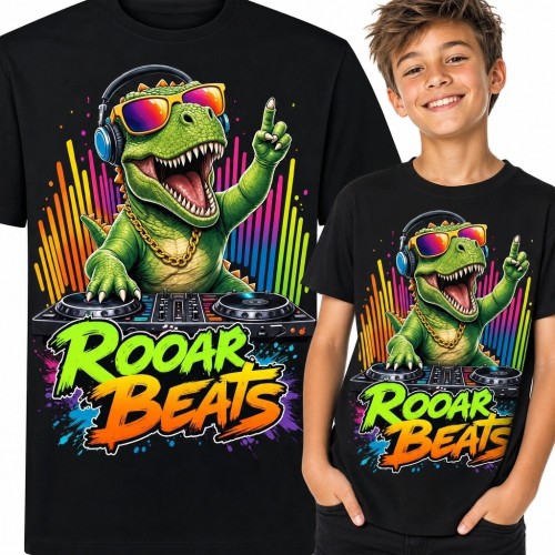 Koszulka chłopięca z T-rexem DJ-em „Rooar Beats” - dinozaur i muzyka