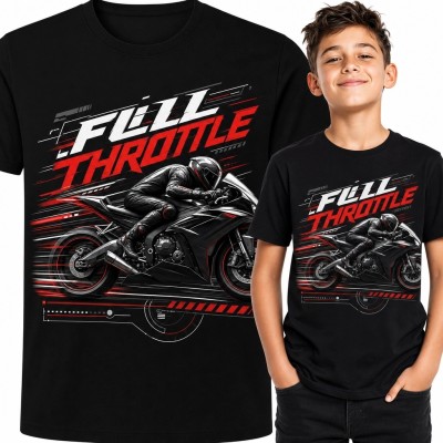 Koszulka chłopięca ze sportowym motocyklem „Full Throttle” - wyścigowy motyw