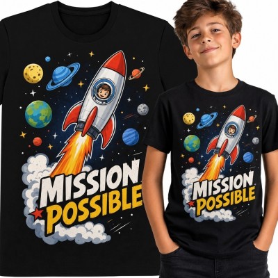 Koszulka chłopięca z rakietą i astronautą „Mission Possible” - kosmiczna przygoda
