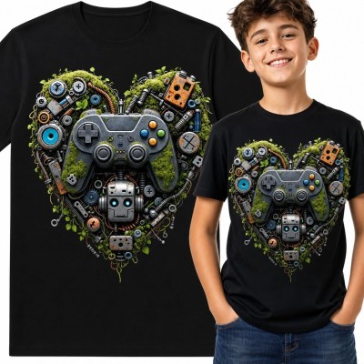 Koszulka chłopięca z gamingowym sercem - kontrolery i retro elektronika