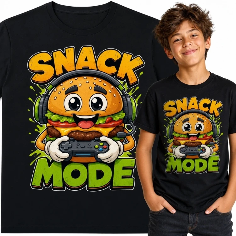 Koszulka chłopięca z burgerem-graczem i napisem „Snack 'N Mode” - gamingowa