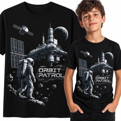 Koszulka chłopięca z astronautą i stacją orbitalną „Orbit Patrol”